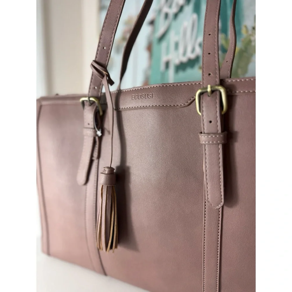 Ecosusi Tan Vegan Faux Leather Laptop Tote Bag 15.6” Work Purse 16x12